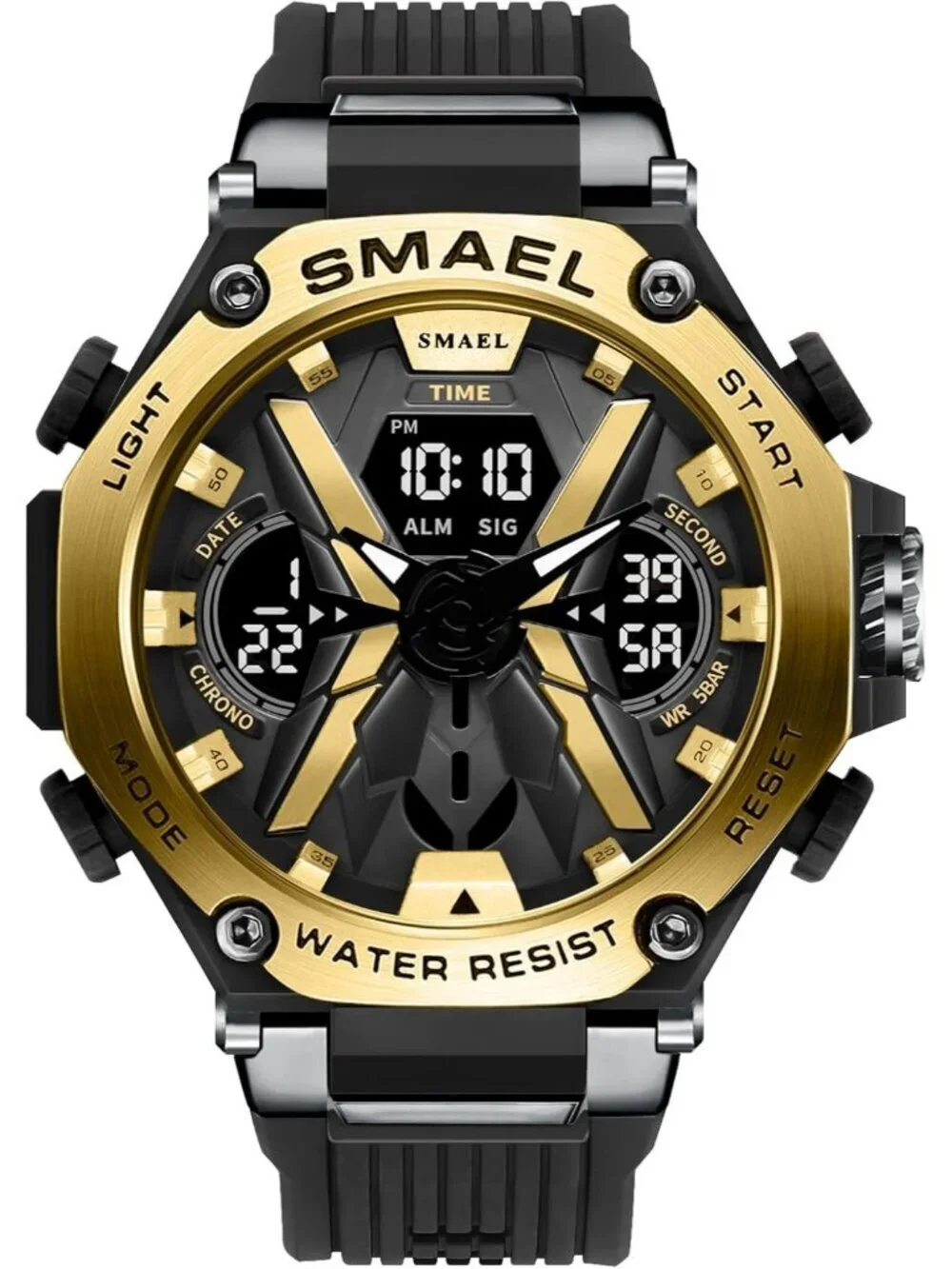 Mens Black Gold Analog Quartz Sports Waterproof Military Alarm LED Digital Watch
